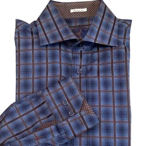 Bugatchi Uomo Blue & Brown Plaid Shaped Fit Long Sleeve‎ Dress Shirt Medium